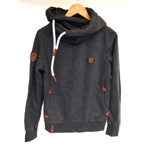 NAKETANO Pullover Hoodie Sweatshirt Women's Large Gray Cowl Neck Leather